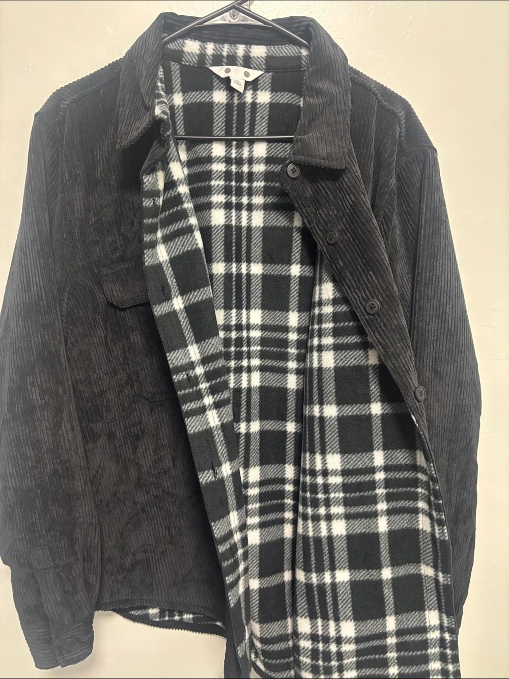 NEW - Men's Black Corduroy Button-Up Jacket with Plaid Lining
